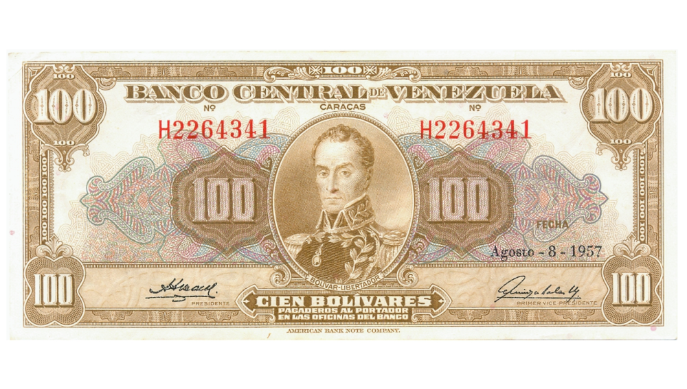 Billete 100 Bolívares Agosto 1957 H7 Serial H2264341 - Numisfila