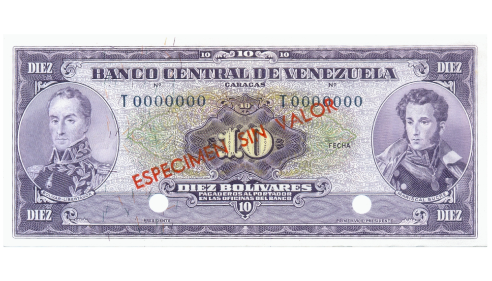 Billete 10 Bolívares 1963/70 Espécimen Sin Valor Serial T0000000 - Numisfila