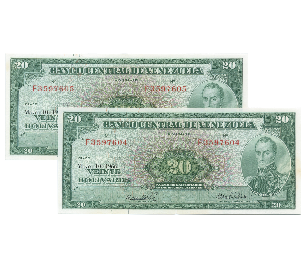 Dúo Billetes 20 Bolivares 1966 F7 Seriales F3597604 y F3597605 - Numisfila