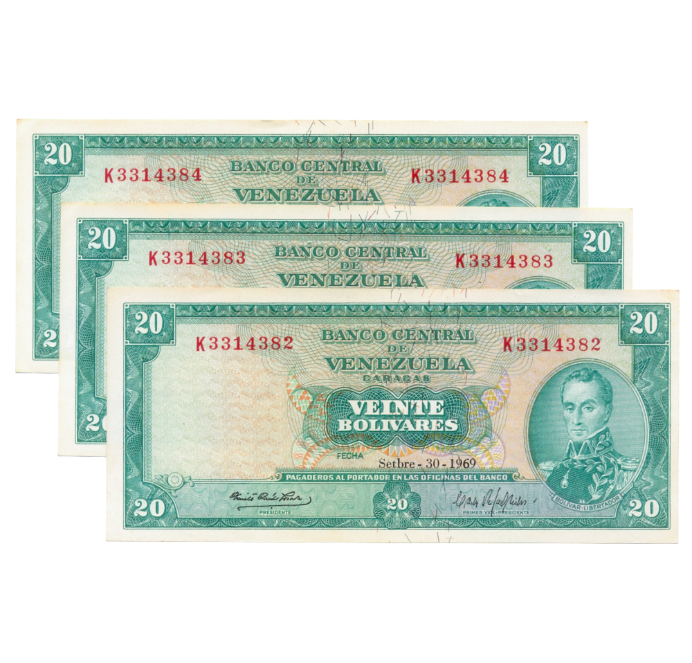 Trío Billetes 20 Bolívares 1969 Seriales K3314382 al K3314384 - Numisfila
