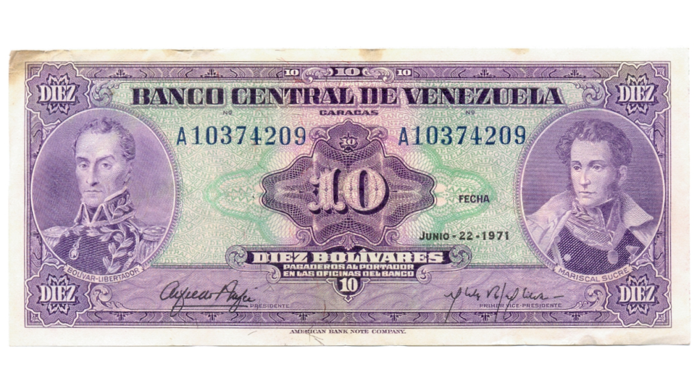 Billete 10 Bolívares 1971 A8 Serial A10374209 - Numisfila