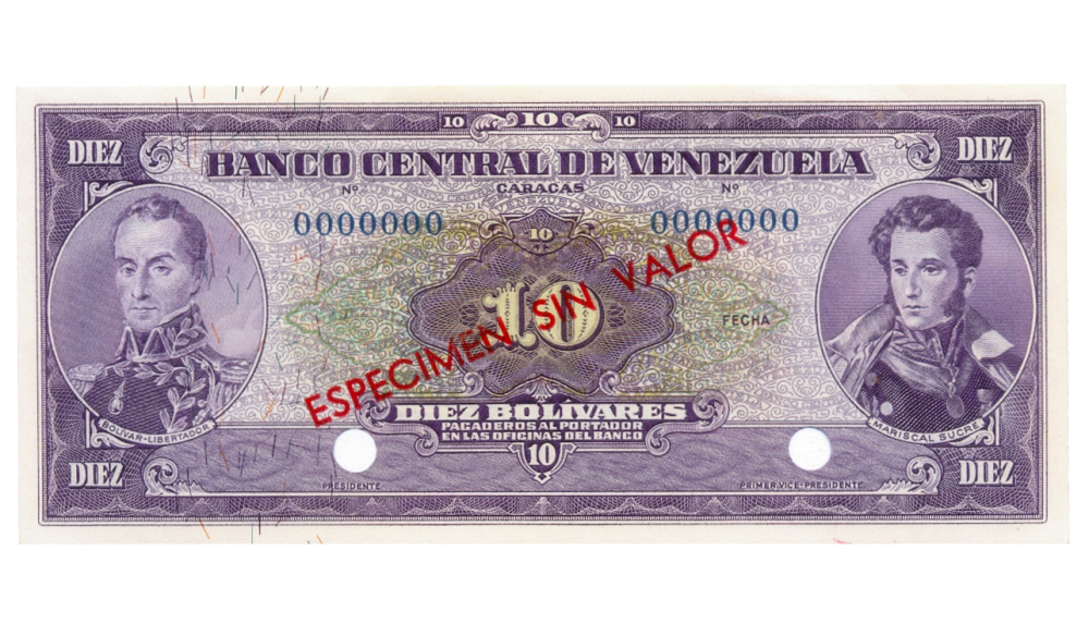 Billete 10 Bolívares 1963/70 Especimen Sin Valor  - Numisfila