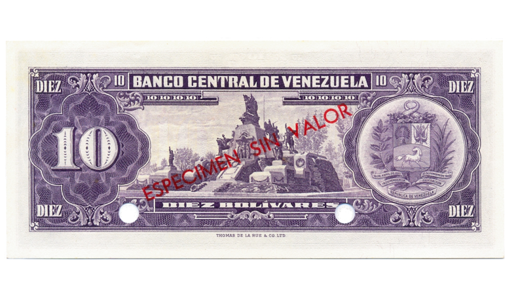 Billete 10 Bolívares 1963/70 Especimen Sin Valor   - Numisfila