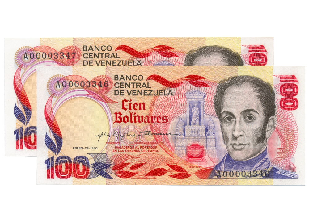 Dúo Billetes 100 Bolívares 1980 Seriales Bajos A00003346 y A00003347 - Numisfila