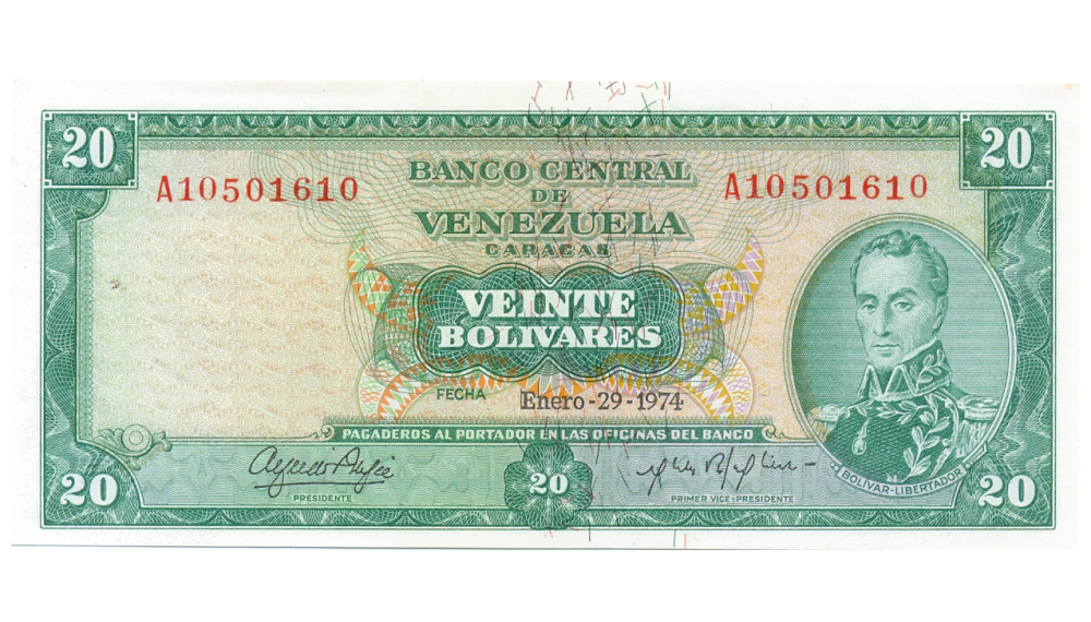 Billete 20 Bolívares Enero 1974 A8 Serial A10501610 - Numisfila