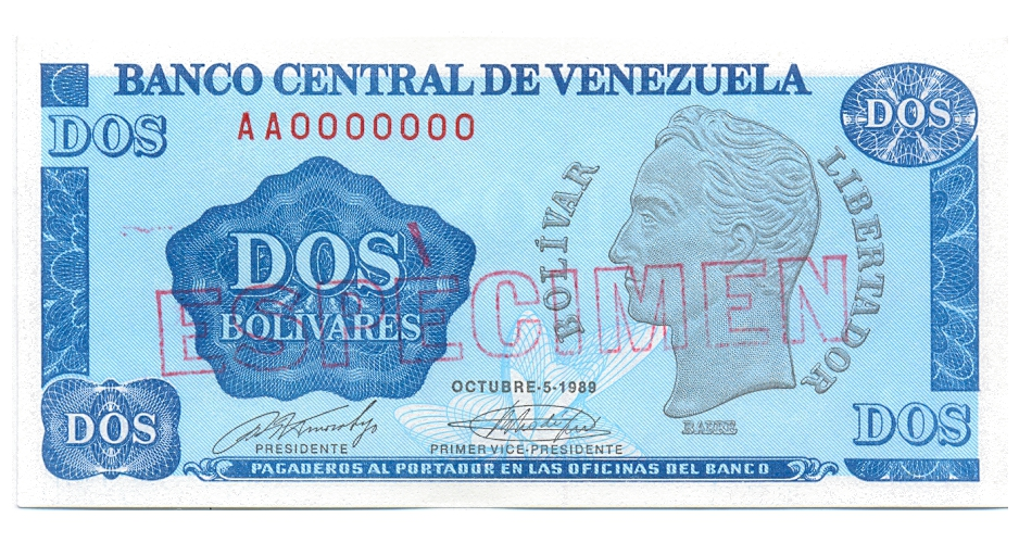 Espécimen Billete 2 Bolívares 1989 Inclinación ESPECIMEN casi alineado - Numisfila