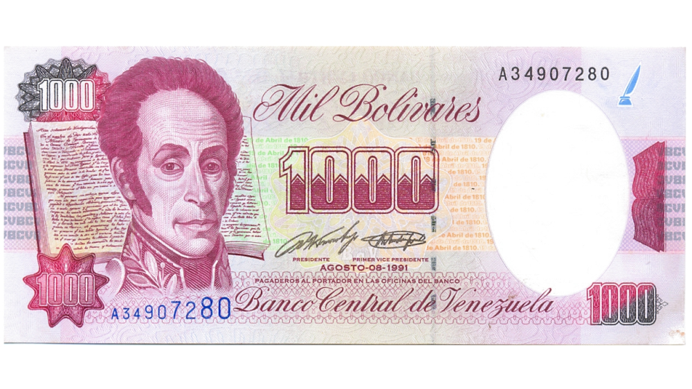 Billete 1000 Bolívares 1991 Serial A34907280 - 1era Emisíon - Numisfila