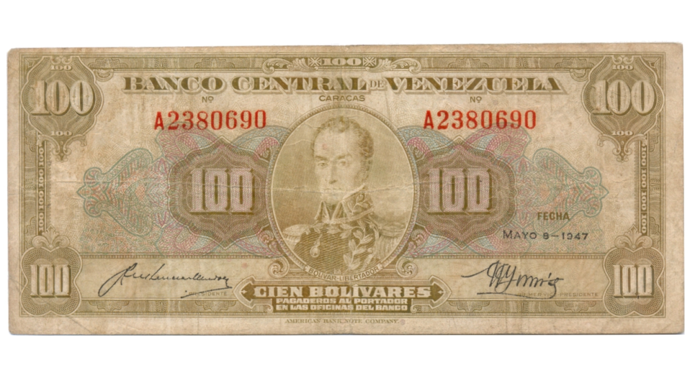 Billete 100 Bolívares Mayo 1947 Serial A2380690 - Numisfila