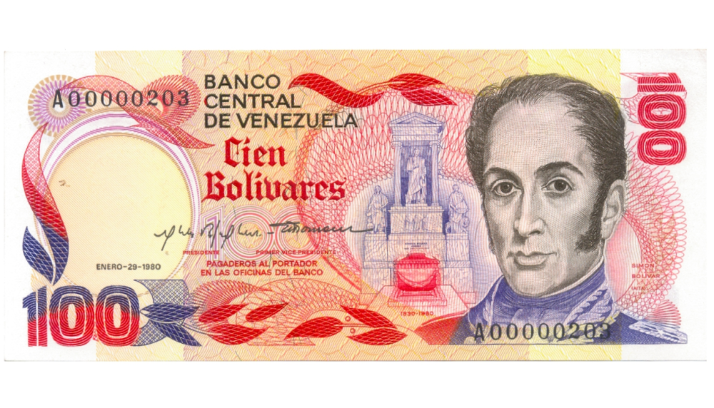 Billete 100 Bolívares 1980 Serial Bajo A00000203 - Numisfila