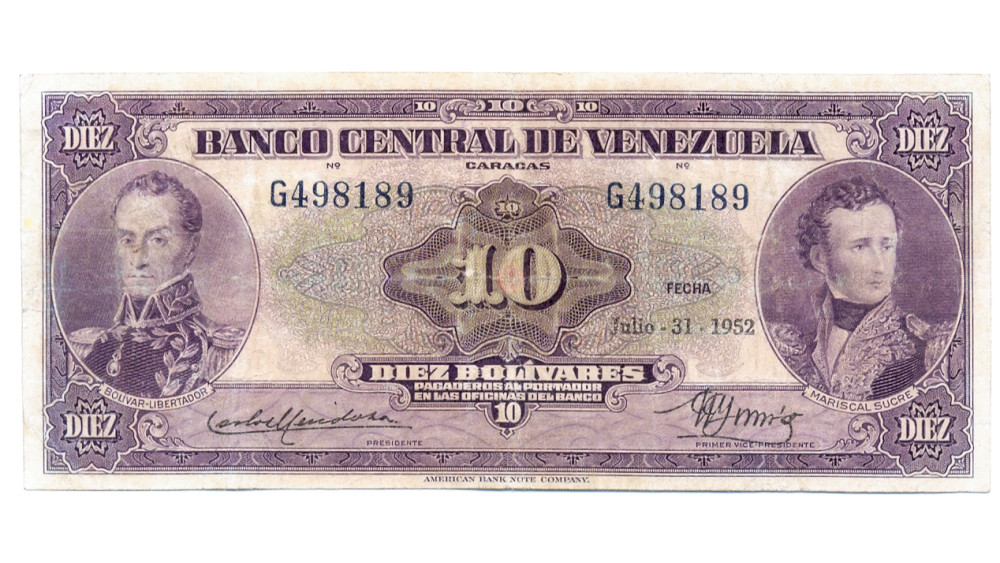 Billete 10 Bolívares 1952 Difícil G6 Serial G498189 - Numisfila