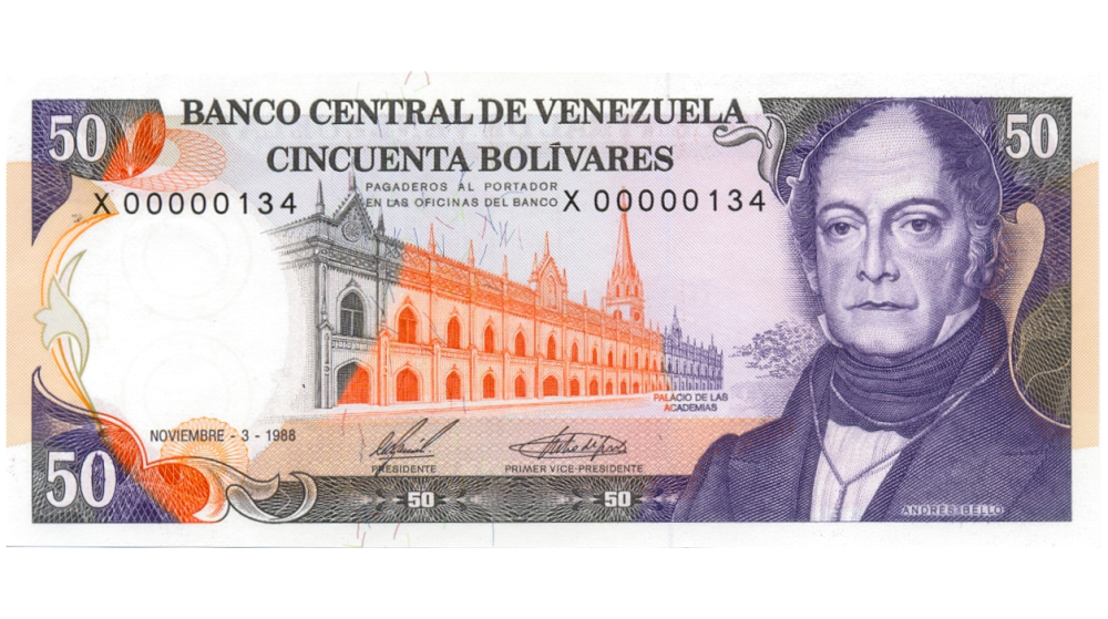 Billete 50 Bolivares 1988 X8 Serial Bajo X00000134 - Numisfila