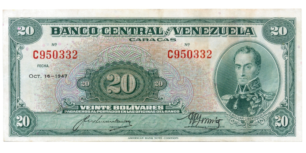 Billete 20 Bolívares Octubre 1947 C6 Serial C950332 - Numisfila