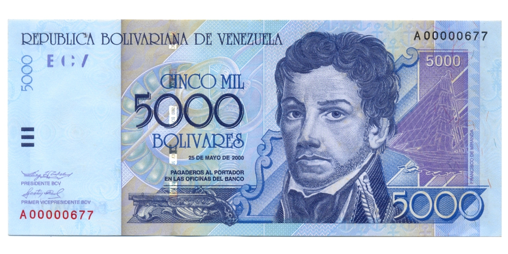 Billete 5000 Bolívares 2000 Serial Bajo A00000677 - Numisfila