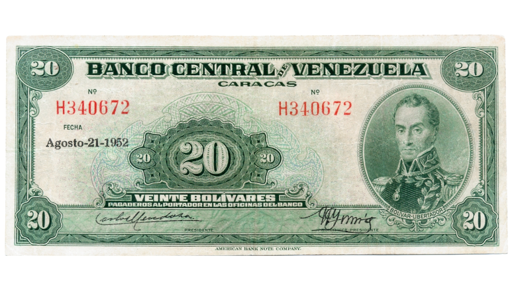 Billete 20 Bolívares Agosto 1952 H6 Serial H340672 - Numisfila