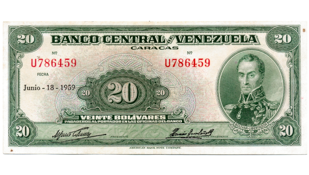 Billete 20 Bolívares 1959 U6 Serial U786459 - Numisfila