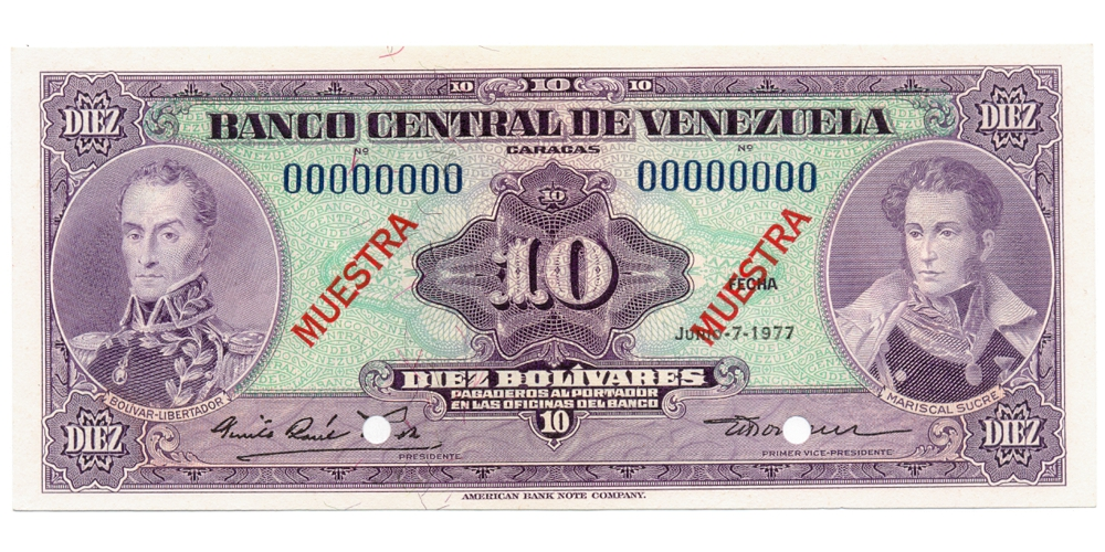 Muestra Muestra Billete 10 Bolívares 1977  - Numisfila