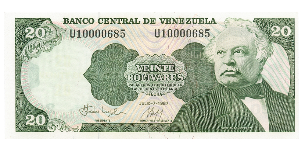Billete 20 Bolívares Julio 1987 U8 - Serial Bajo U10000685 - Numisfila