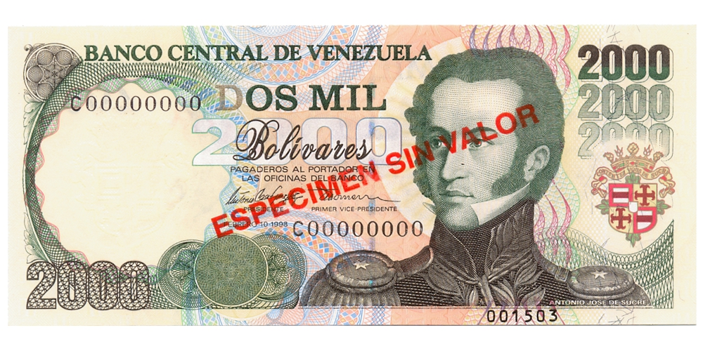 Billete Espécimen Sin Valor 2000 Bolívares Febrero 1998  #001503 - Numisfila