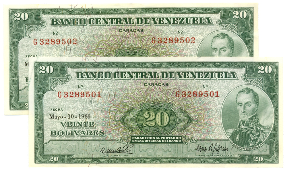 Pareja Billetes 20 Bolívares 1966 G7 Seriales G3289501 y G3289502 - Numisfila