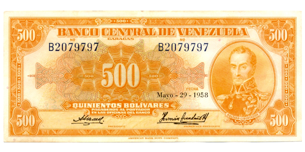 Billete 500 Bolívares 1958 Serial B2079797 Canario - Numisfila