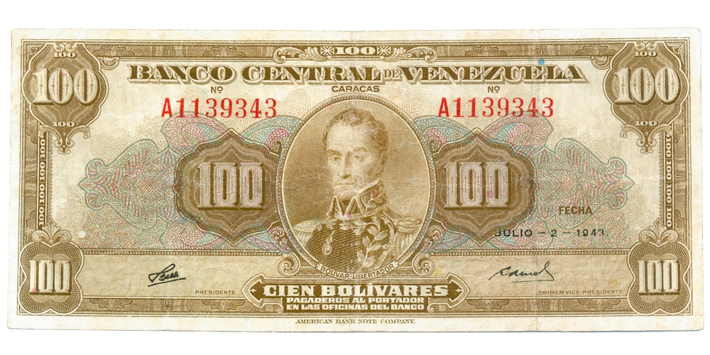 Billete 100 Bolívares Julio 1943 Serial A1139343 - Numisfila