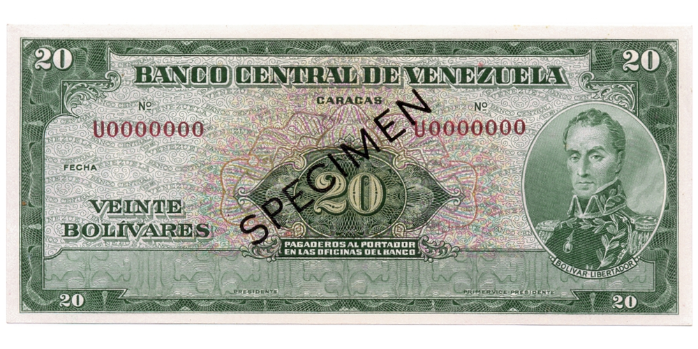Billete Specimen 20 Bolívares 1960/66 Serial U0000000 - Numisfila
