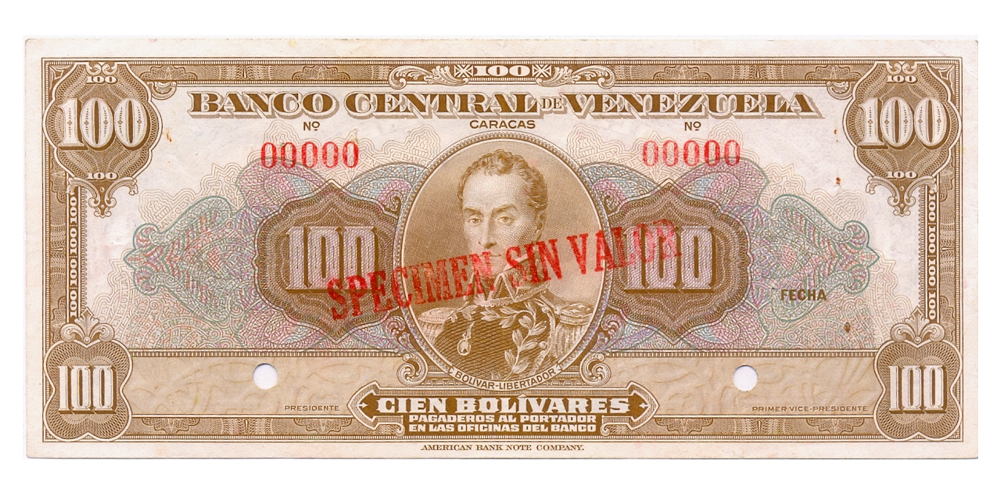 Billete Specimen Sin Valor 100 Bolívares 1940-53 E.E.U.U. - Numisfila