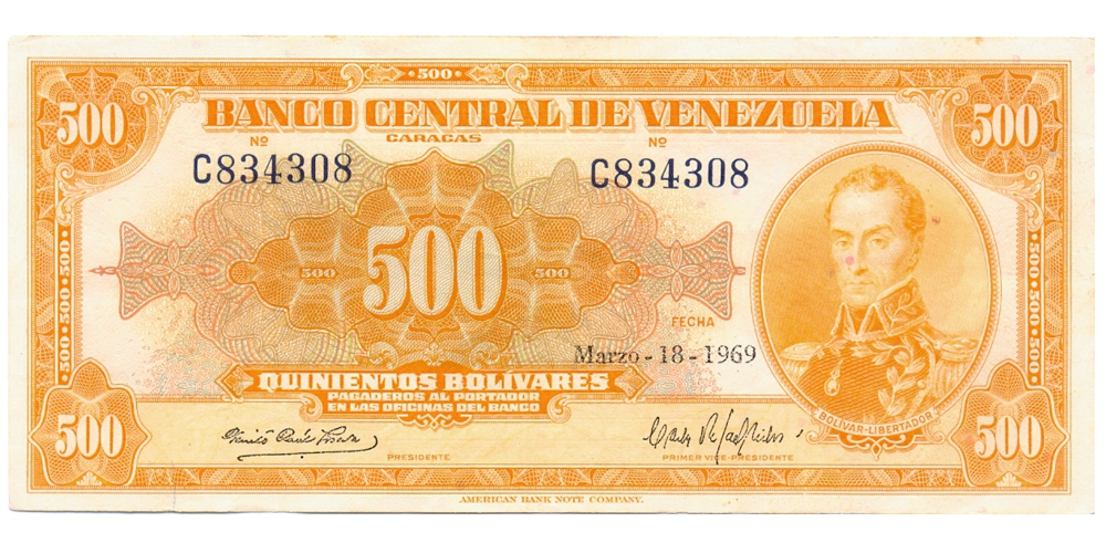 Billete Canario 500 Bolívares 1969 Serial C834308 - Numisfila