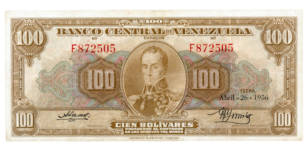 Billete 100 Bolívares Abril 1956 F6 Serial F872505 - Numisfila