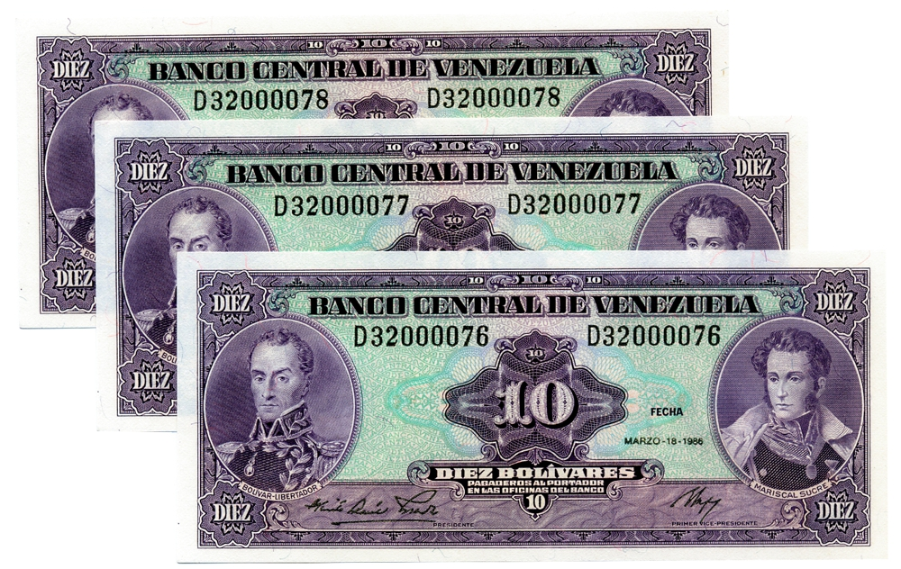 Trío del 76 al 78 Billetes 10 Bolívares 1986 D8 Seriales Bajos D32000076, D32000077 y D32000078 - Numisfila