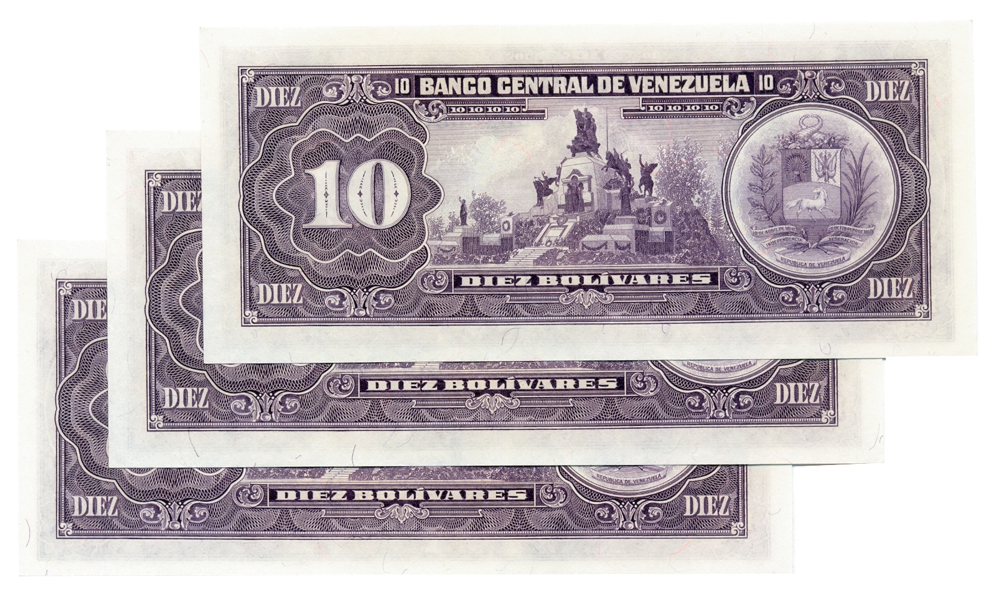 Trío del 76 al 78 Billetes 10 Bolívares 1986 D8 Seriales Bajos D32000076, D32000077 y D32000078  - Numisfila