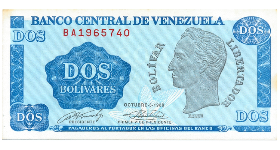 Billete 2 Bolívares 1989 BA7 Serial BA1965740 - Numisfila