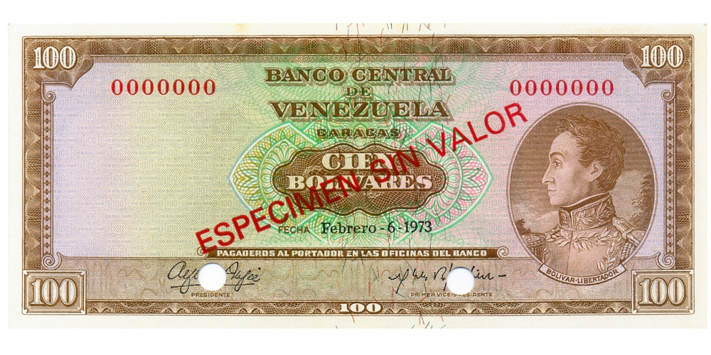 Billete Especimen Sin Valor 100 Bolívares Febrero 1973 - Numisfila