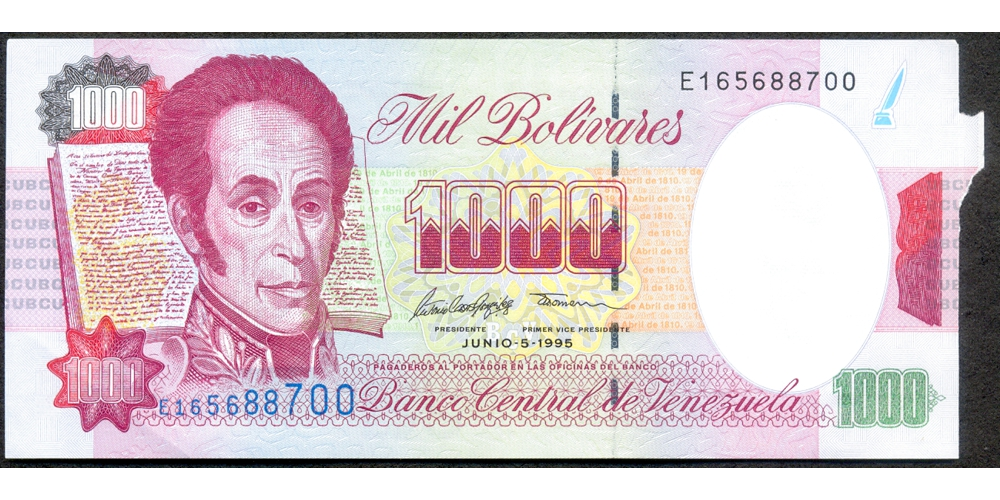 Error Corte del Billete 1000 Bolívares 1995 E8 Serial E165688700 - Numisfila
