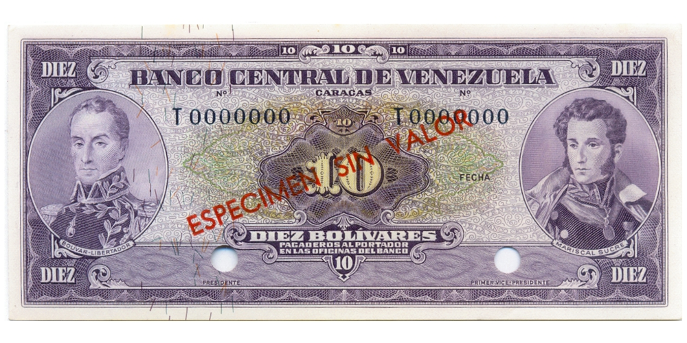 Billete 10 Bolívares 1963/70 Espécimen Sin Valor Serial T0000000 - Numisfila