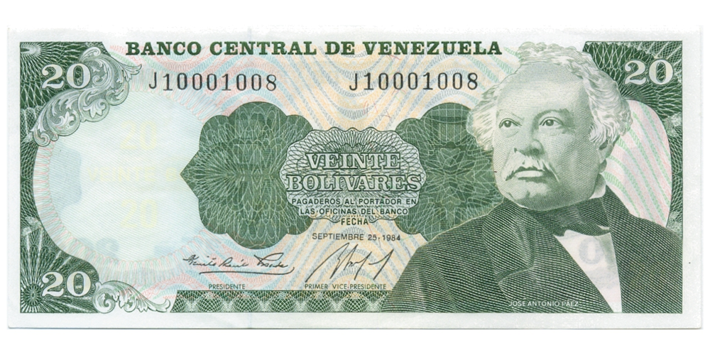 Los 1008 Billete 20 Bolívares 1984 J8 Serial J10001008 José Antonio Páez - Numisfila