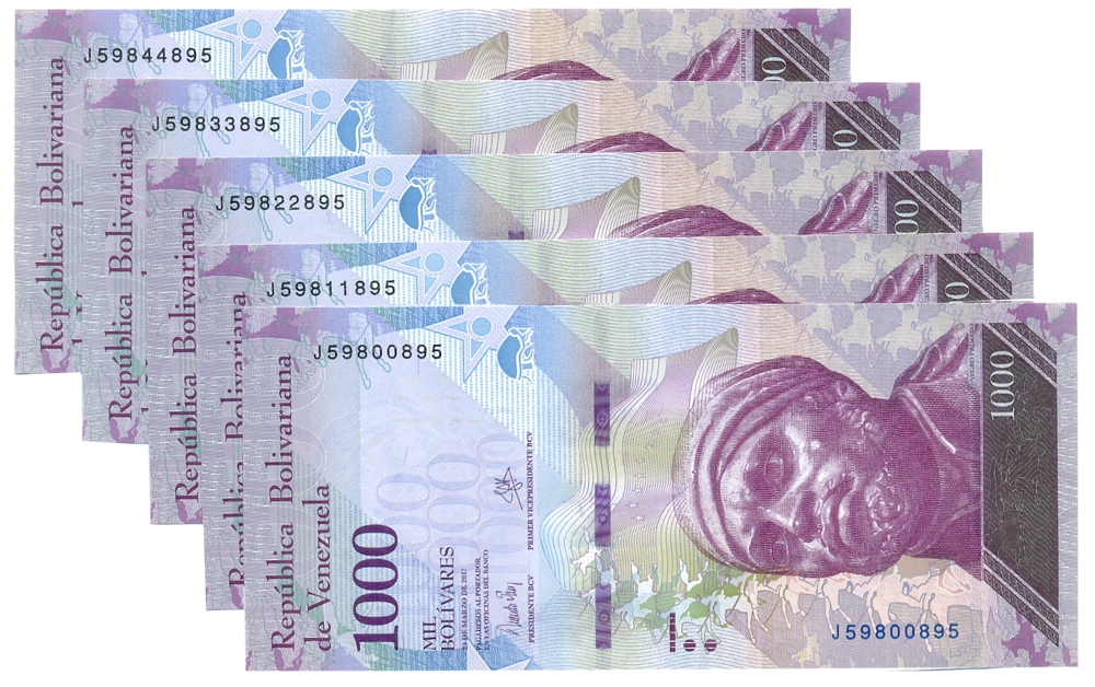 5 Billetes Escalera Capicúa 1000 Bolívares 2017 J8 Seriales J59800895 al J59844895 - Numisfila