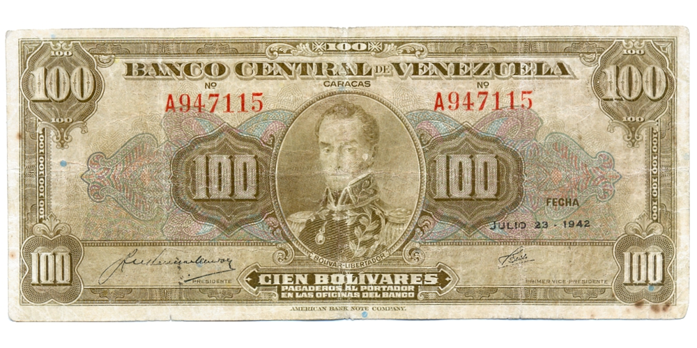 Escaso Billete 100 Bolivares Julio 1942 A6 Serial A947115 - Numisfila