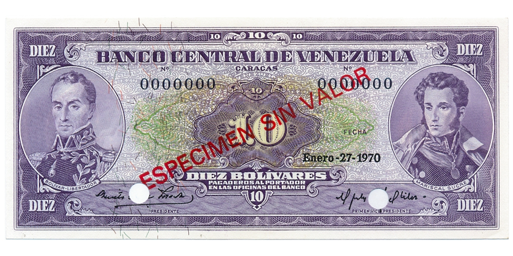 Espécimen Sin Valor Billete 10 Bolívares 1970 Serial 0000000 - Numisfila