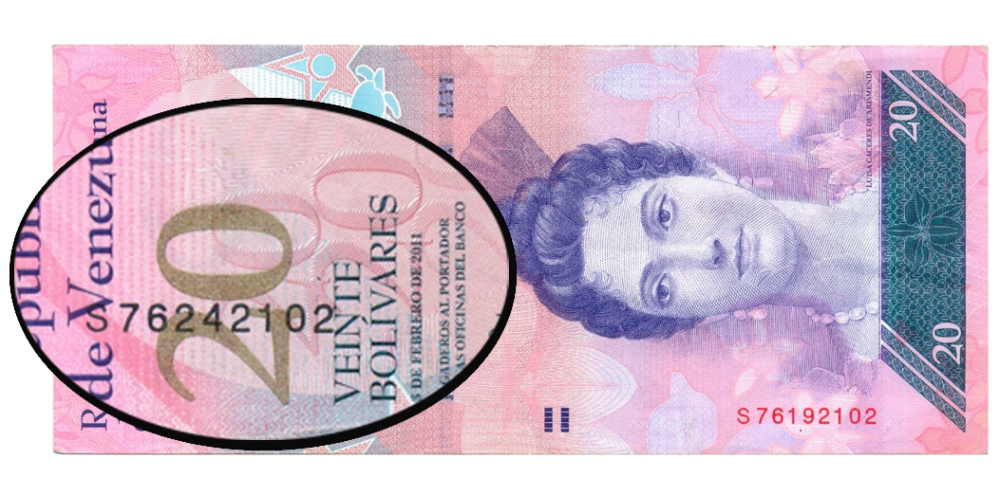Error Billete 20 Bolívares 2011 Seriales Diferentes  S76242102 y  S76192102 Desplazamiento de Pliego - Numisfila