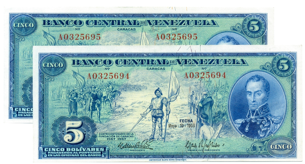 Pareja Billetes 5 Bolívares 1966 A7 Seriales A0325694 y A0325695 - Numisfila
