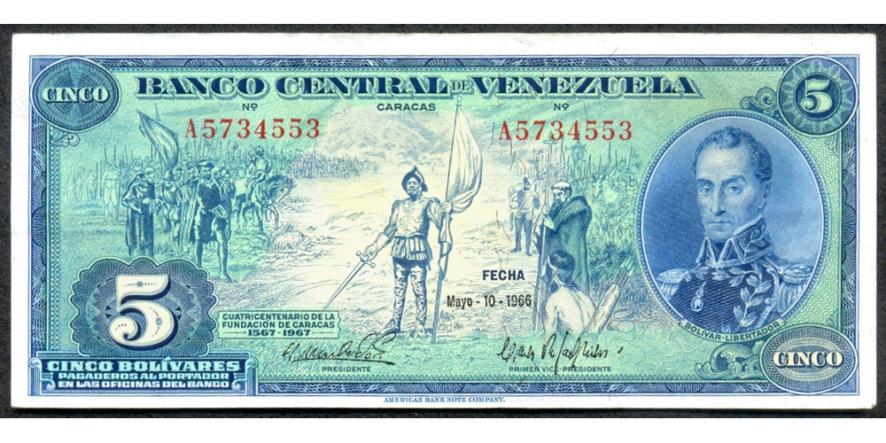 Billete 5 Bolívares 1966 A7 Serial A5734553 - Dieguito - Numisfila