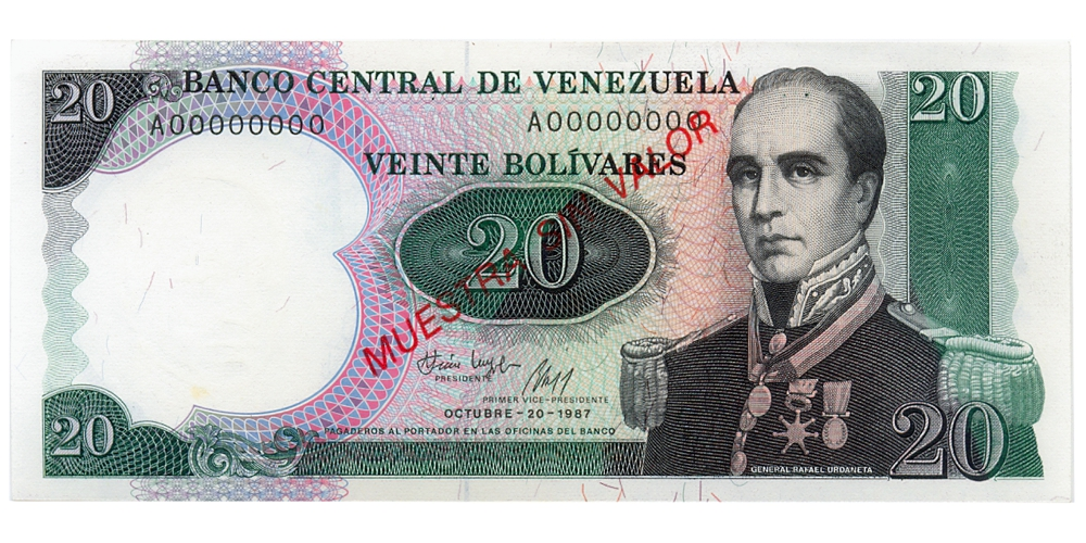Billete Muestra Sin Valor 20 Bolívares Oct 1987 Urdaneta - Numisfila