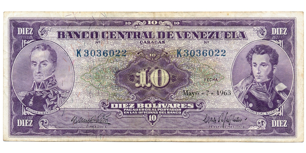  Billete 10 Bolívares 1963 Buen K7 Serial K3036022 - Numisfila