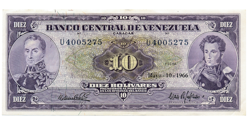 Billete 10 Bolívares 1966 U7 Serial U4005275 - Numisfila