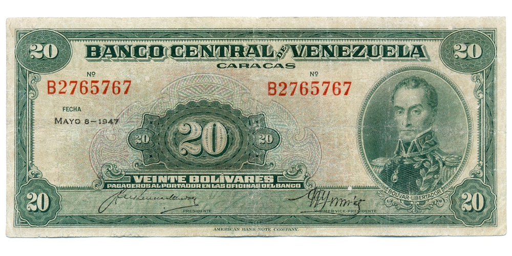 Billete 20 Bolívares Mayo 1947 B7 Serial B2765767 - Numisfila