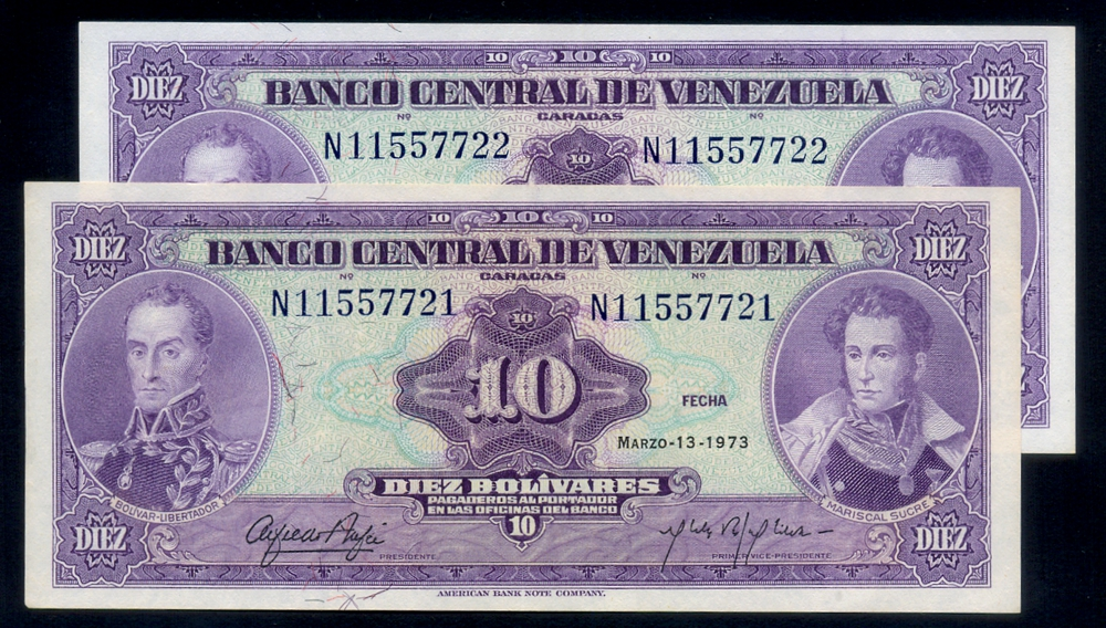 Pareja Billetes 10 Bolívares 1973 N8 Seriales N11557721 y N11557722 - Numisfila