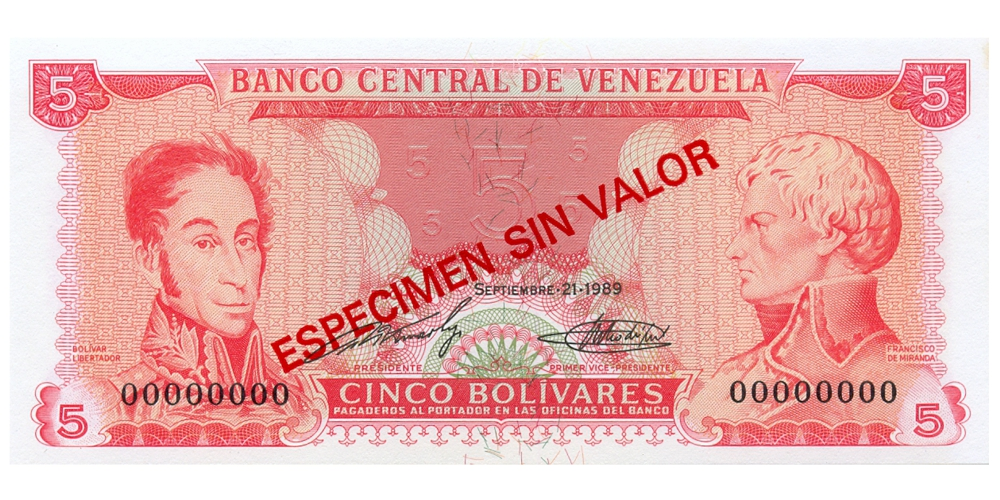 Billete Espécimen Sin Valor 5 Bolívares 1989  - Numisfila