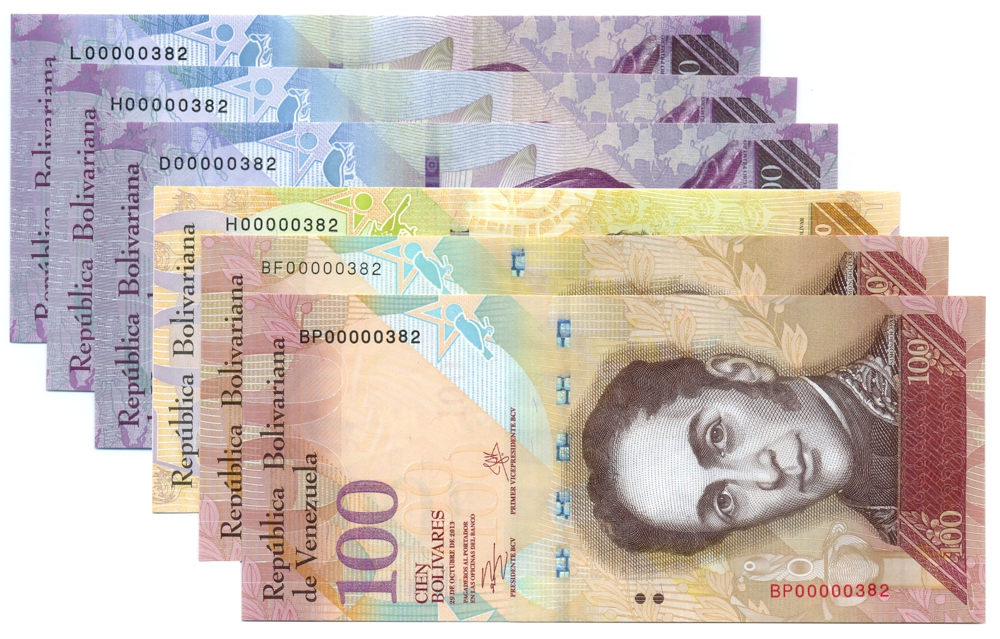 Serial Bajo 382 Set 6 Billetes Bolívares Fuertes desde el 2013 al 2018 - Numisfila