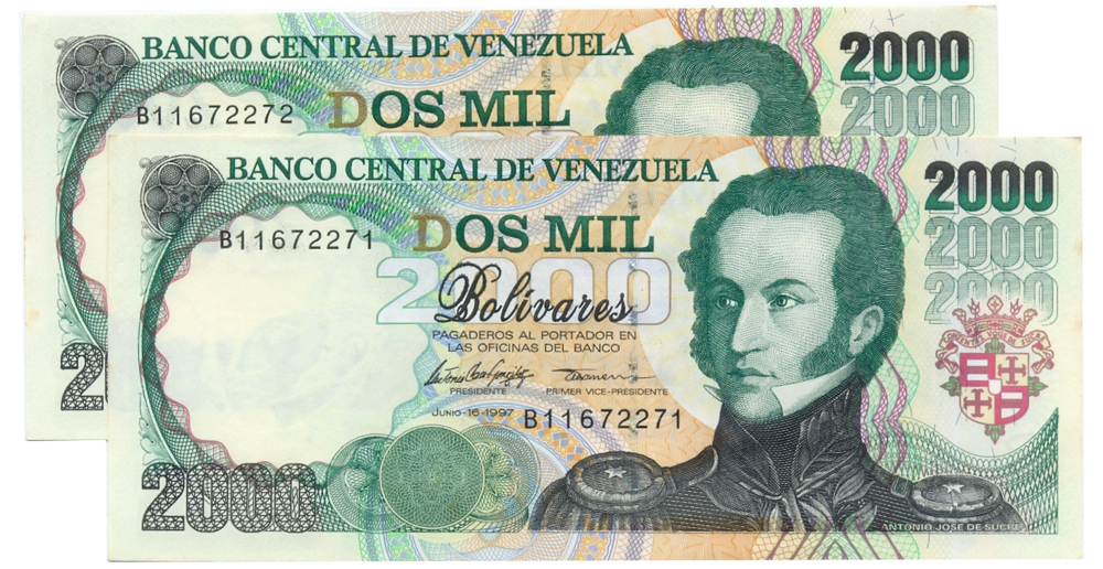 Pareja Billetes 2000 Bolívares 1997 B8 Seriales B11672271 y B11672272  - Numisfila
